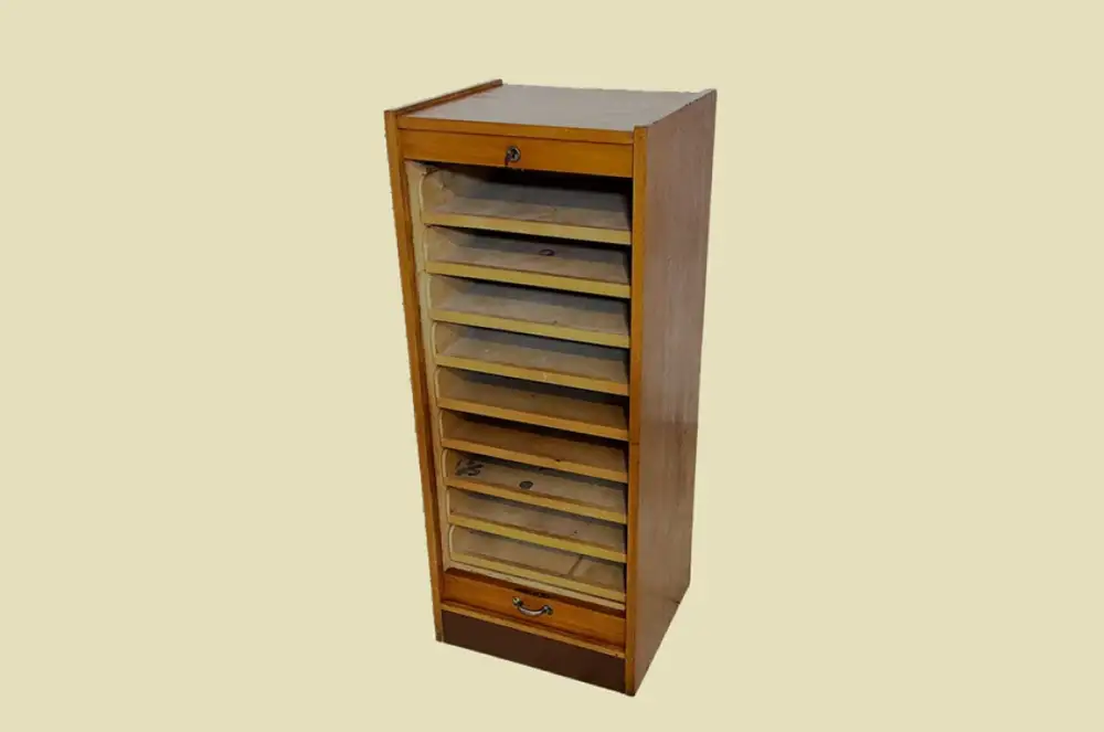 1960er Jahre Rolladenschrank ANTIK Vintage Teakholz Noten Akten Schrank Kommode 6