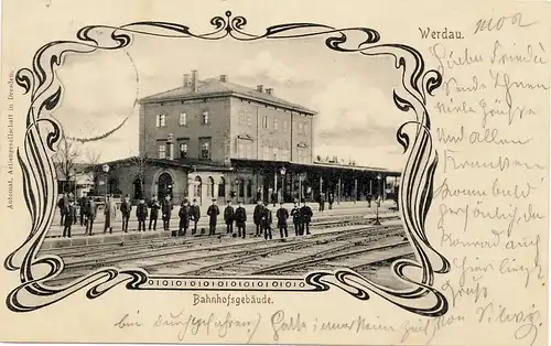 alte orig. AK Werdau i. Sachsen b Zwickau Bahnhof Eisenbahn Beamte Gleisseite 1902