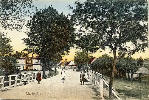 alte orig. AK Marienfliess i. Pommern Kinder an der Brücke 1930