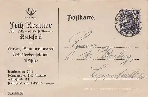alte orig. PK Bielefeld Fritz Kramer Arbeiterkonfektion 1919