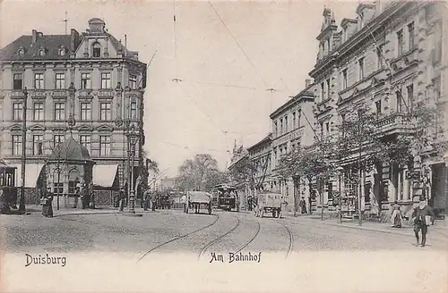 alte orig. AK Duisburg Am Bahnhof Strassenbahn 1907 Verlag Borek