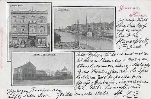 alte orig. AK Husum Zollamt Bluncks Hotel Badeanstalt Hafen 1899 Vorkrieg