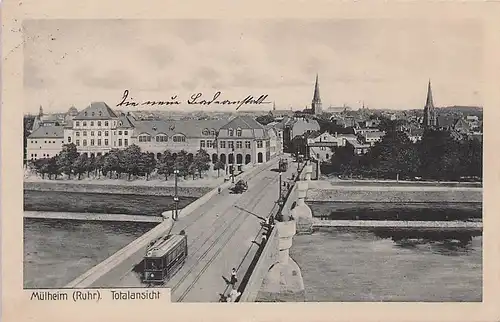 alte orig. AK Mülheim Ruhr Strassenbahn Brücke Totalansicht 1919 Vorkrieg