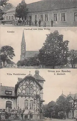 alte orig. AK Reuden i. Anhalt b Bitterfeld Gasthof Otto Wilke Villa Waldfrieden Kirche 20er Jahre Vorkrieg