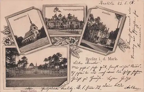 alte orig. AK Beelitz i. Mark Verwaltung Villa Pavillon Anstaltskirche 1905 Vorkrieg