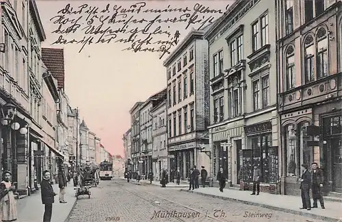 alte orig. AK Mühlhausen i. Thüringen Strassenbahn im Steinweg 1908 Vorkrieg