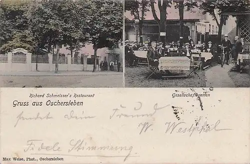 alte orig. AK Oschersleben a. Bode Gasthaus Restaurant Biergarten R. Schmeisser 1907 Vorkrieg