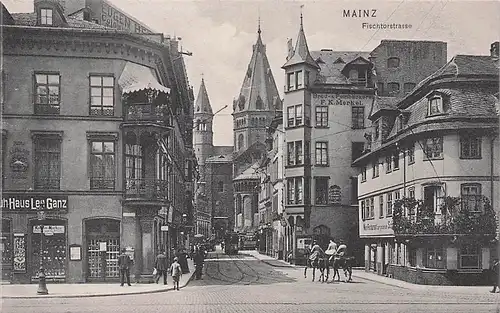 alte orig. AK Mainz Fischtorstrasse Strassenbahn Haus Leo Ganz 1908 Vorkrieg