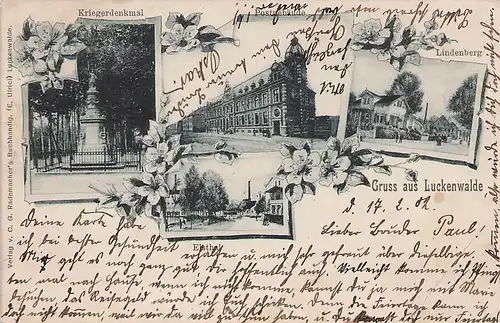 alte orig. AK Luckenwalde Postgebäude Lindenberg Kriegerdenkmal Elsthal 1902 Vorkrieg