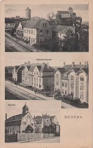 alte orig. AK Beucha b Brandis Wurzen Bahnhofstrasse Kapelle 1921 Vorkrieg