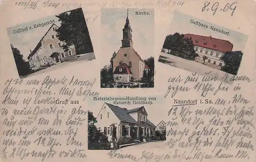 alte orig. AK Naundorf i. Sachsen b Freiberg Laden v. Goldbach Gasthof Erbgericht 1909 Vorkrieg