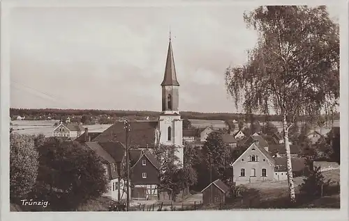 alte orig. AK Trünzig Langenbernsdorf b Werdau Zwickau Häuser u. Kirche Vorkrieg
