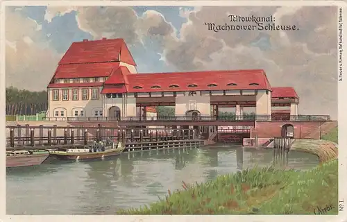 alte orig. AK Klein Machnow b Teltow Kleinmachnow Teltowkanal Schleuse Künstler C. Krebs Vorkrieg