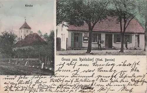 alte orig. AK Ruhlsdorf i. Barnim b Zerpenschleuse Marienwerder Finowfurt Post Postamt Kirche 1908 Vorkrieg