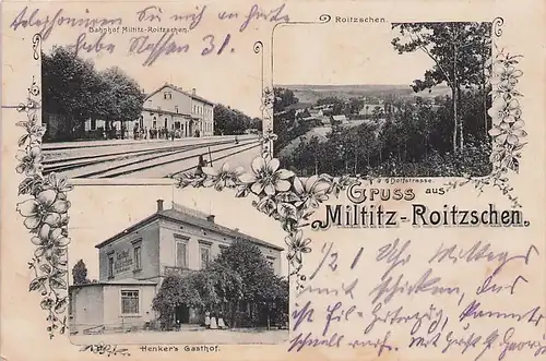 alte orig. AK Miltitz Roitzschen b Meissen Radebeul Bahnhof Eisenbahn Gasthof Henker 1909 Vorkrieg
