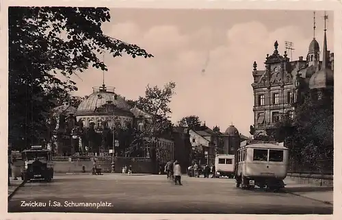 alte orig. AK Zwickau i. Sachsen Schumannplatz Auto Autobus 1934 Vorkrieg