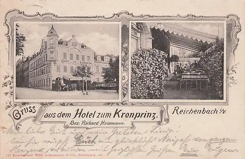 alte orig. AK Reichenbach i. Vogtland b Limbach Lengenfeld Hotel zum Kronprinz Biergarten 1906 Vorkrieg