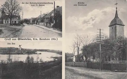 alte orig. AK Glienicke b Beeskow Mark Storkow Rietz Kolonialwaren Handlung Banse Am See Kirche ca. 1925 Vorkrieg