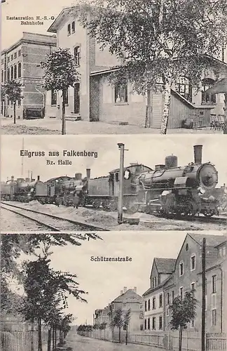 alte orig. AK Falkenberg Elster Bz. Halle Bahnhof Eisenbahn Dampflok Schützenstrasse Vorkrieg