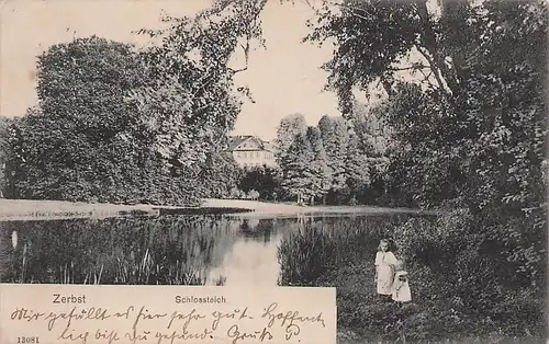 alte orig. AK Zerbst i. Anhalt b Bitterfeld Kinder am Schlossteich 1909 Vorkrieg