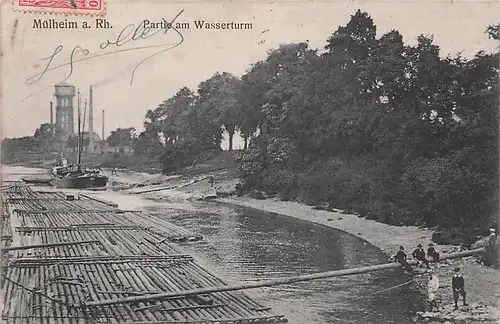 alte orig. AK Mülheim Köln a. Rhein Partie am Wasserturm Holzflösserei 1908 Vorkrieg
