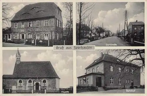 alte orig. AK Seerhausen b Stauchitz Riesa Bahnhof Kapelle Dorfstrasse Laden Geschäft Vorkrieg