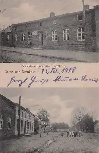 alte orig. AK Drenkow b Putlitz Suckrow Siggelkow Parchim Gasthaus F. Sachtleben mit Post Briefkasten Posthilfsstelle Kinder im Dorf 1918 Vorkrieg