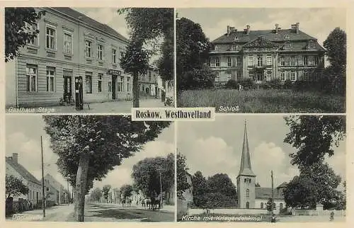 alte orig. AK Roskow Havelland b Beetzsee Groß Kreutz Ketzin Nauen Wustermark Gasthaus Stage mit Tanksäule Schloss 1937 Vorkrieg