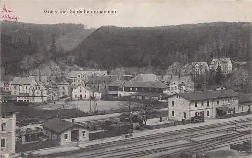 alte orig. AK Schönheiderhammer Schönheide b Rodewisch Auerbach Bahnhof Eisenbahn Gleise 1912 Vorkrieg