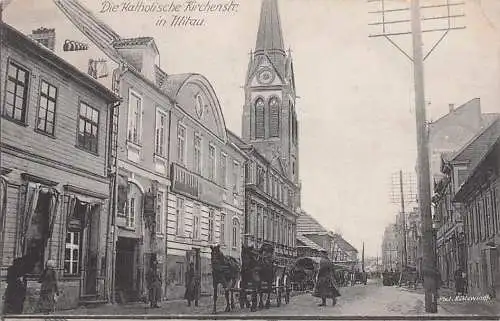 alte orig. AK Mitau Jelgava Kurland Riga Lettland Katholische Kirchenstrasse Geschäfte 1917 Vorkrieg