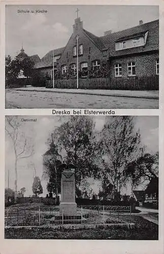 alte orig. AK Dreska b Hohenleipisch Elsterwerda Plessa Schule u. Kirche Kriegerdenkmal Adler Eisernes Kreuz 1942 Vorkrieg