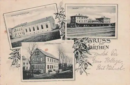 alte orig. AK Wilthen b Bautzen Schirgiswalde Kirschau Obergurig Oberlausitz Bahnhof Gasthof Engel Geschäft Laden Pietsch 1915 Vorkrieg