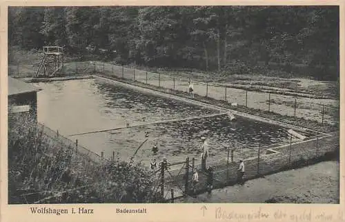 alte orig. AK Wolfshagen i. Harz b Langelsheim Goslar Liebenburg Badeanstalt Kinder Bademeister Vorkrieg