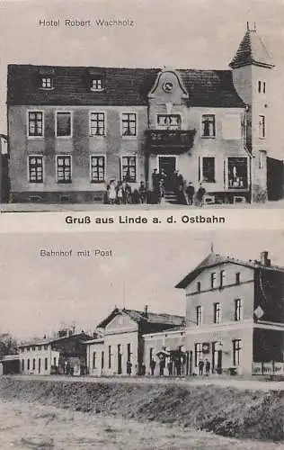 alte orig. AK Linde a. d. Ostbahn Lipka Flatow Neustettin Westpreussen Friedland Bahnhof mit Post Hotel Wachholz 1925 Vorkrieg