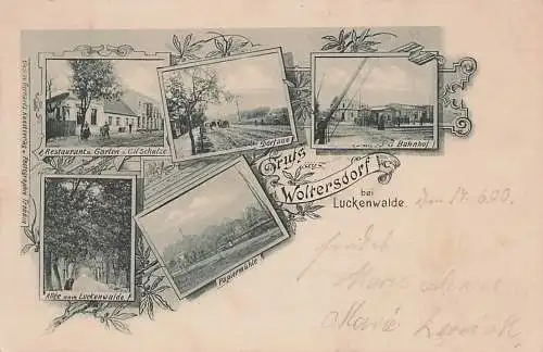 alte orig. AK Woltersdorf b Luckenwalde Bahnhof Papiermühle Dorfaue Restaurant Schulze 1900 Vorkrieg