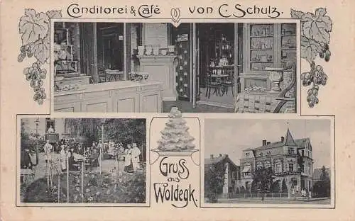 alte orig. AK Woldegk i. Mecklenburg Conditorei Bäckerei Cafe Carl Schulz Kaffeegarten Inneneinrichtung 1911 Vorkrieg