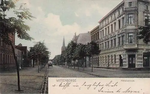 alte orig. AK Wittenberge Prignitz Mittelstrasse mit Eckhaus 1902 Vorkrieg