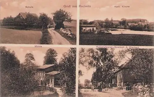 alte orig. AK Recknitz Rekownica b Neubarkoschin Nowy Barkoczyn Neukrug Grabau Stargard Danzig  Mühle Laden Geschäft A. Riechert Schule 1909 Vorkrieg