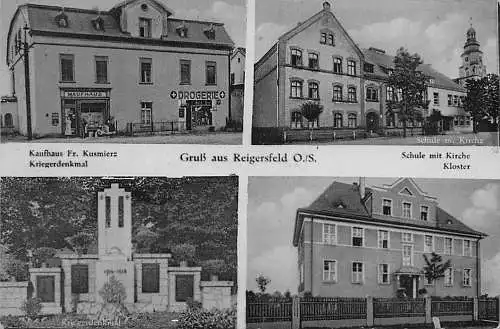 alte orig. AK Reigersfeld Birawa b Cosel Libischau Heydebreck Opole Cisek Reinschdorf Ratibor Schlesien Kaufhaus Kusmierz Drogerie Schule Kriegerdenkmal 1931 Vorkrieg