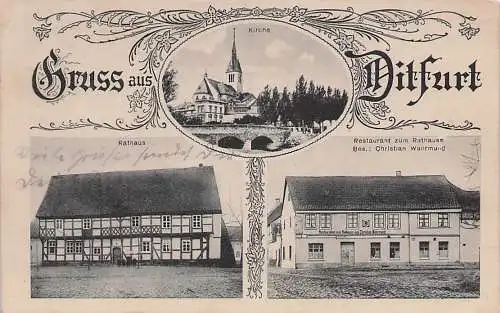 alte orig. AK Ditfurt b Quedlinburg Wegeleben Harsleben Restaurant Gasthaus zum Rathause Kirche 1928 Vorkrieg