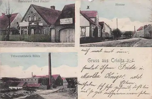 seltene alte orig. AK Crinitz Niederlausitz b Massen Luckau Finsterwalde Sonnewalde Gahro Schlieben Calau Tonwaren Fabrik Bühla Töpferei Töpfer Gasthaus u. Strasse 1917 Vorkrieg