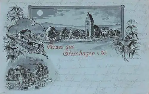 alte orig. AK Steinhagen i. Westfalen b Bielefeld Werther Ummeln Gütersloh Harsewinkel Bahnhof Eisenbahn Gasthaus Kirche Mondschein Litho 1899 Vorkrieg