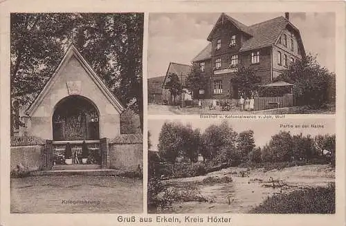 alte orig. AK Erkeln b Brakel Nieheim Beverungen Auenhausen Höxter Gasthaus Kolonialwaren Laden Wulf Nethepartie 1927 Vorkrieg