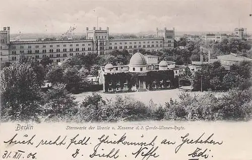 alte orig. AK Berlin Mitte Moabit Invalidenstrasse Sternwarte der Urania u. Kaserne Ulanen Regiment 1906 Vorkrieg