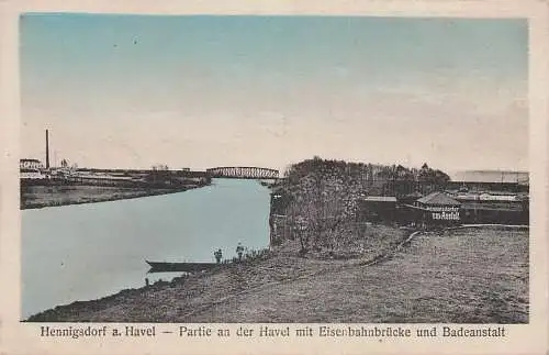 alte orig. AK Hennigsdorf b Berlin Velten Oberkrämer Hohen Neuendorf Leegebruch Oranienburg Eisenbahn - Brücke u. Badeanstalt Havel 1927 Vorkrieg