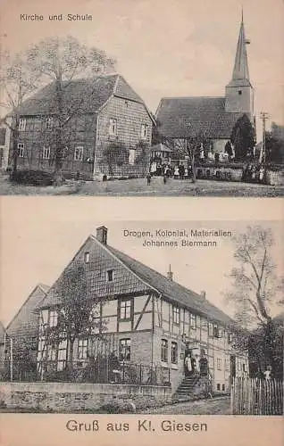 alte orig. AK Klein Giesen b Hildesheim Sarstedt Emmerke Harsum Laden Kolonialwaren Johannes Biermann Schule Kirche Vorkrieg