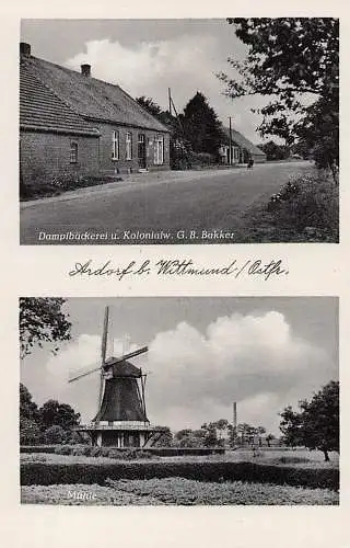 alte orig. AK Ardorf b Wittmund Aurich Jever Esens Ostfriesland Windmühle Dampfbäckerei Laden G. Bakker ca. 40er 50er J.