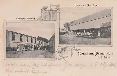 alte orig. AK Freyenstein Prignitz b Wittstock Dosse Meyenburg Pritzwalk Gasthof Schregel Garten Kegelbahn 1905 Vorkrieg