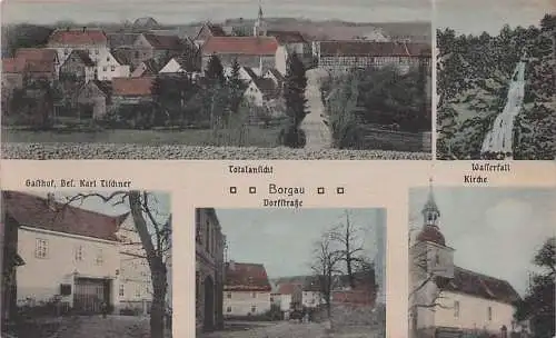 alte orig. AK Borgau b Steinburg Finneland b Bad Bibra Eckartsberga Gasthof Karl Tischner Dorfstrasse Wasserfall Häuser Vorkrieg