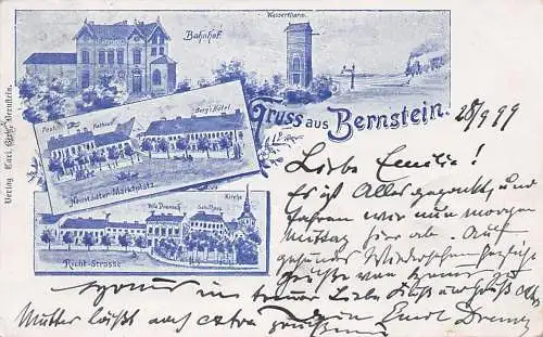 alte orig. AK Bernstein i. Neumark Pełczyce Choszczno Arnswalde Stargard Bahnhof Wasserturm Hotel Carl Berg 1899 Vorkrieg